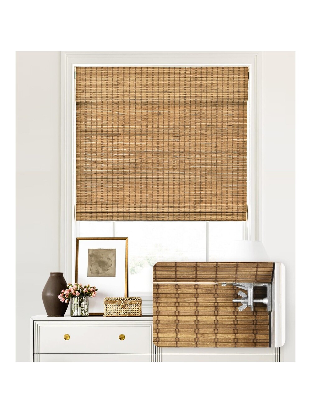 LazBlinds 31x64 Bamboo Roman Shade No Drill Cordless Light Filtering Teak